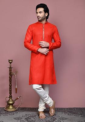 Orange Embroidered Cotton Kurta Set For Men