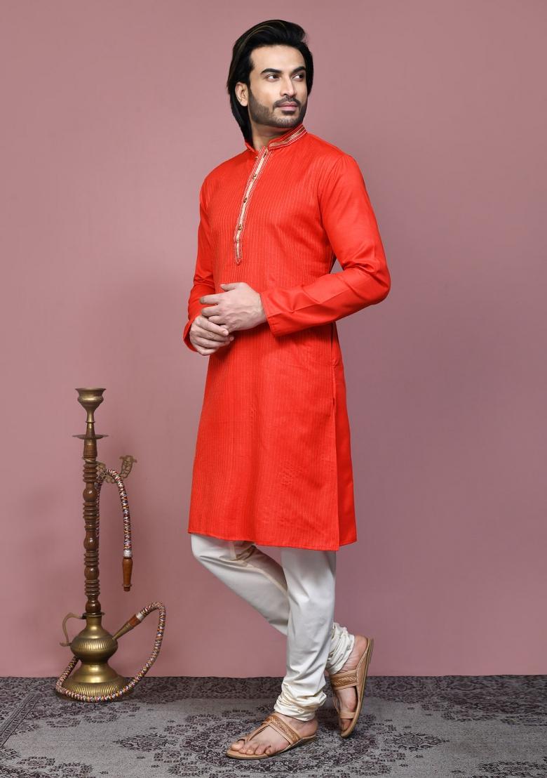 Orange Embroidered Cotton Kurta Set For Men