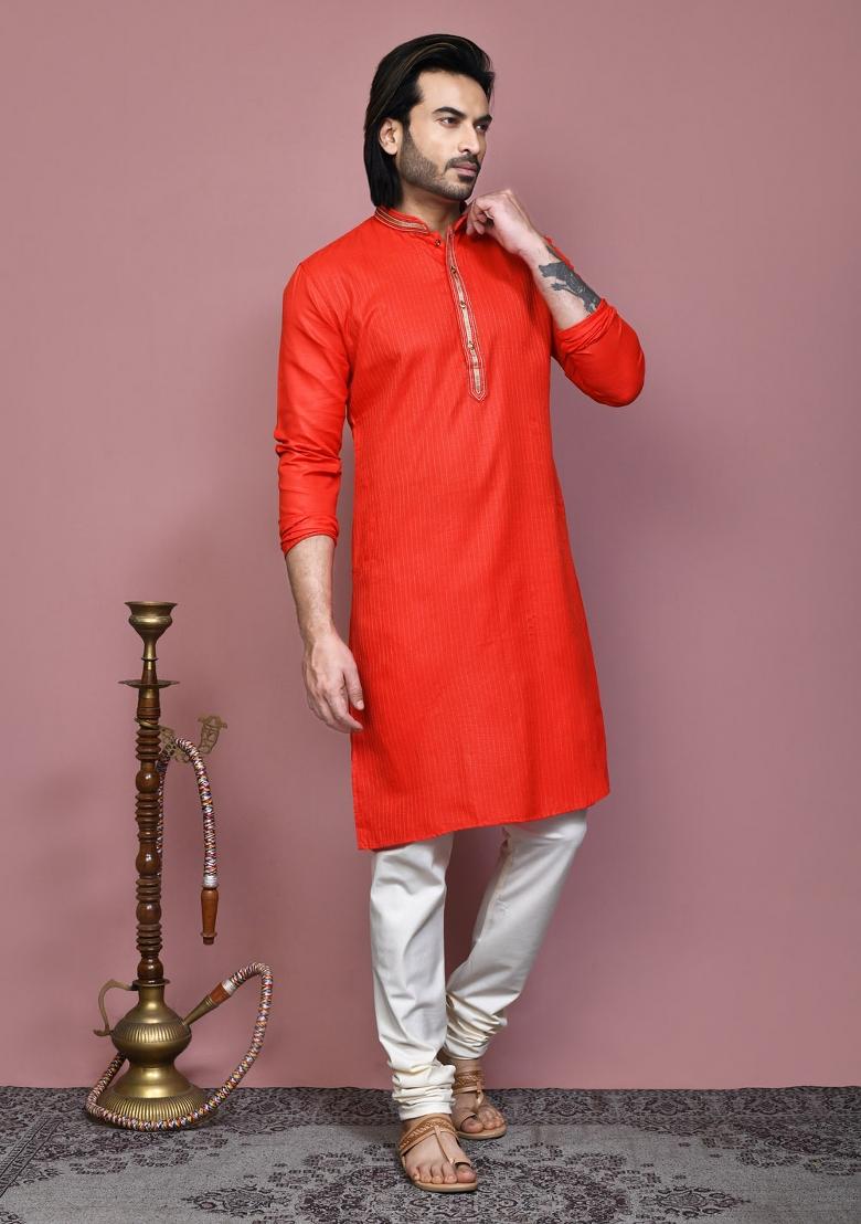 Orange Embroidered Cotton Kurta Set For Men