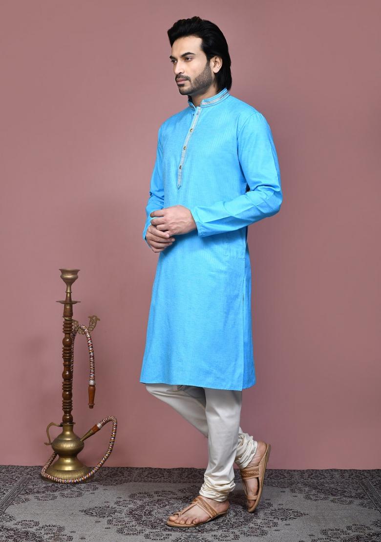 Firozi Embroidered Cotton Kurta Set For Men