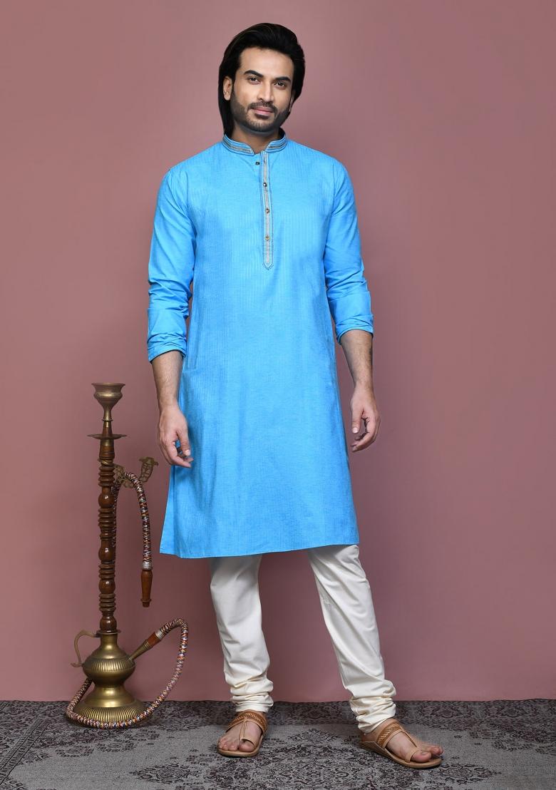 Firozi Embroidered Cotton Kurta Set For Men