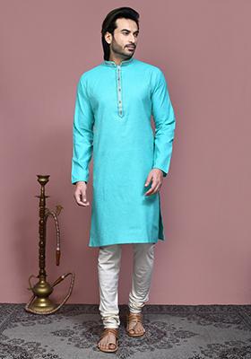 Green Embroidered Cotton Kurta Set For Men