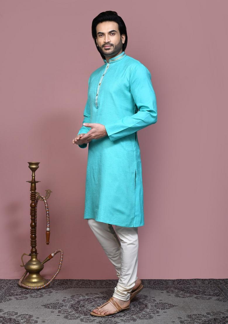 Green Embroidered Cotton Kurta Set For Men