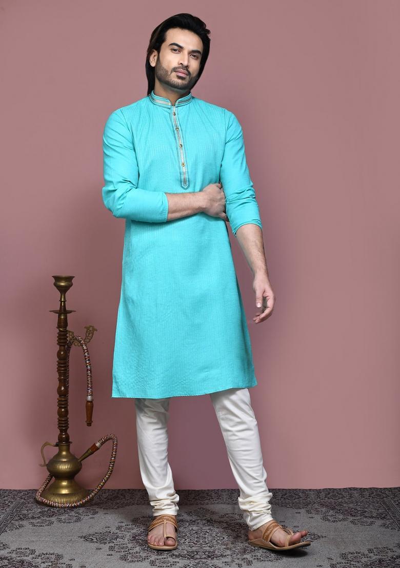 Green Embroidered Cotton Kurta Set For Men