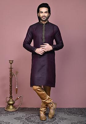 Wine Woven Cotton Blend Kurta Set For Men