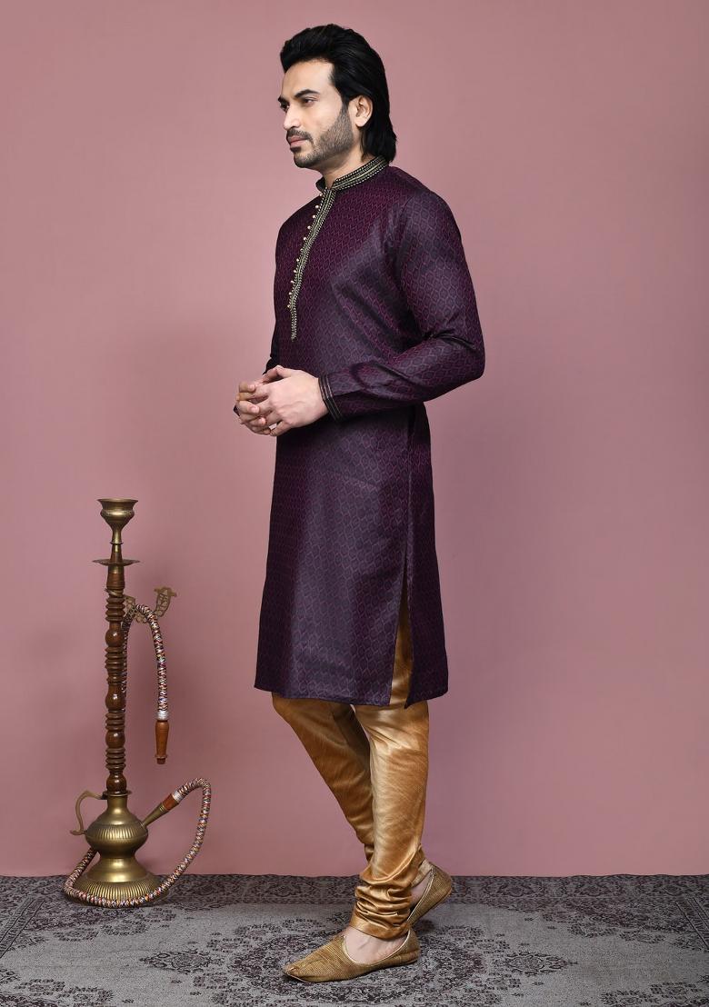 Wine Woven Cotton Blend Kurta Set For Men