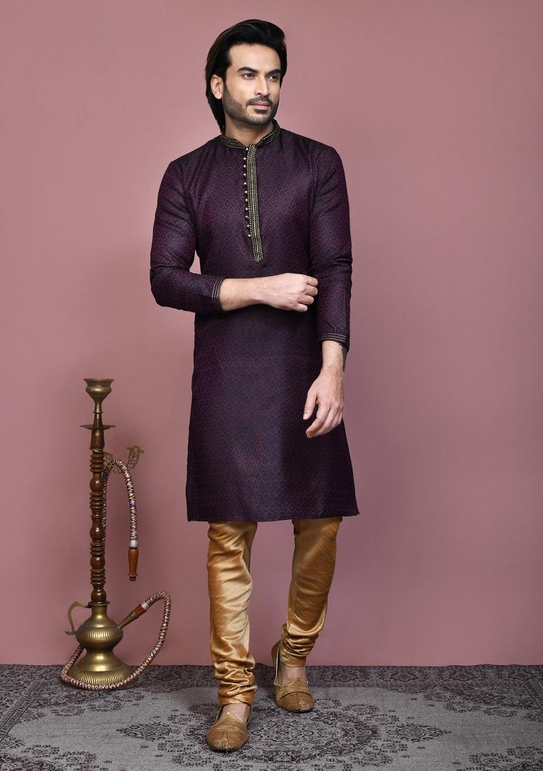 Wine Woven Cotton Blend Kurta Set For Men