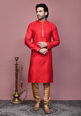 Red Woven Cotton Blend Kurta Set For Men
