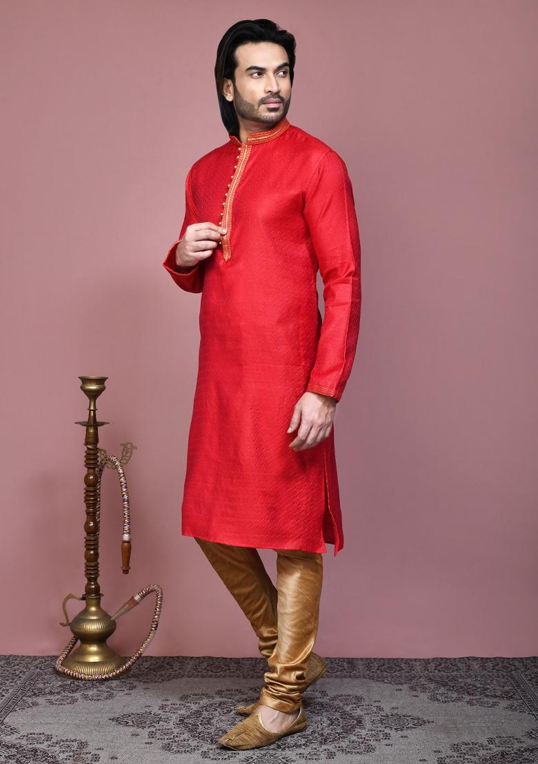 Red Woven Cotton Blend Kurta Set For Men