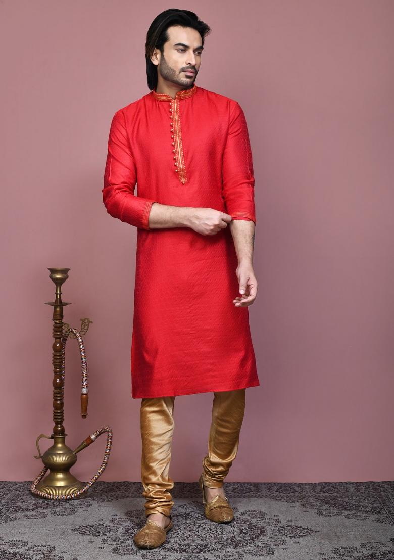 Red Woven Cotton Blend Kurta Set For Men