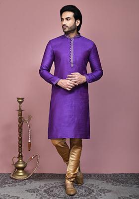 Purple Woven Cotton Blend Kurta Set For Men
