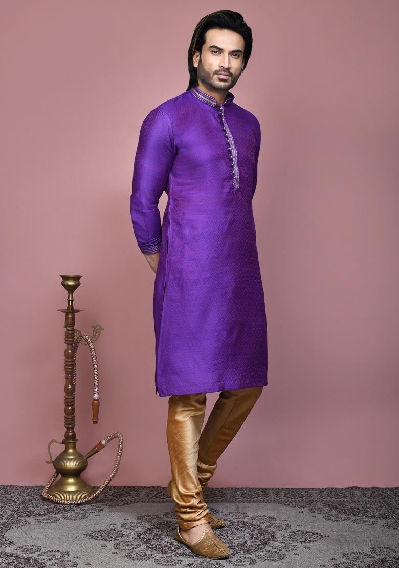 Purple Woven Cotton Blend Kurta Set For Men