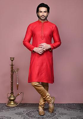 Red Woven Cotton Blend Kurta Set For Men
