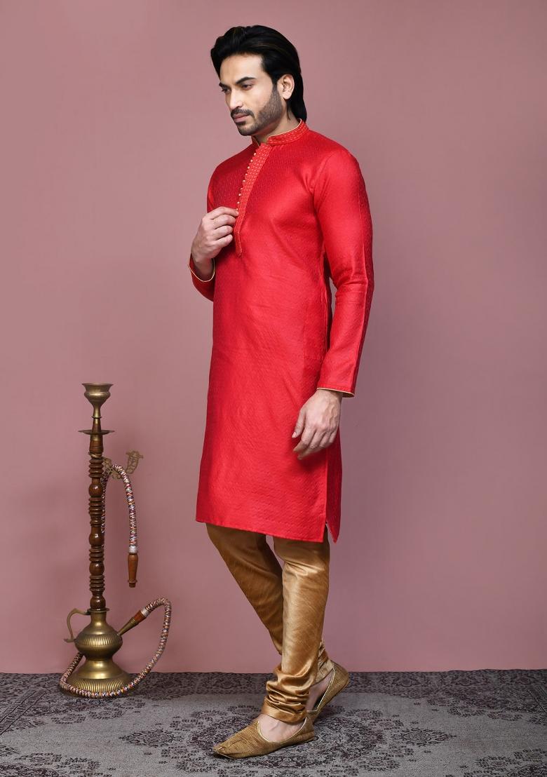 Red Woven Cotton Blend Kurta Set For Men
