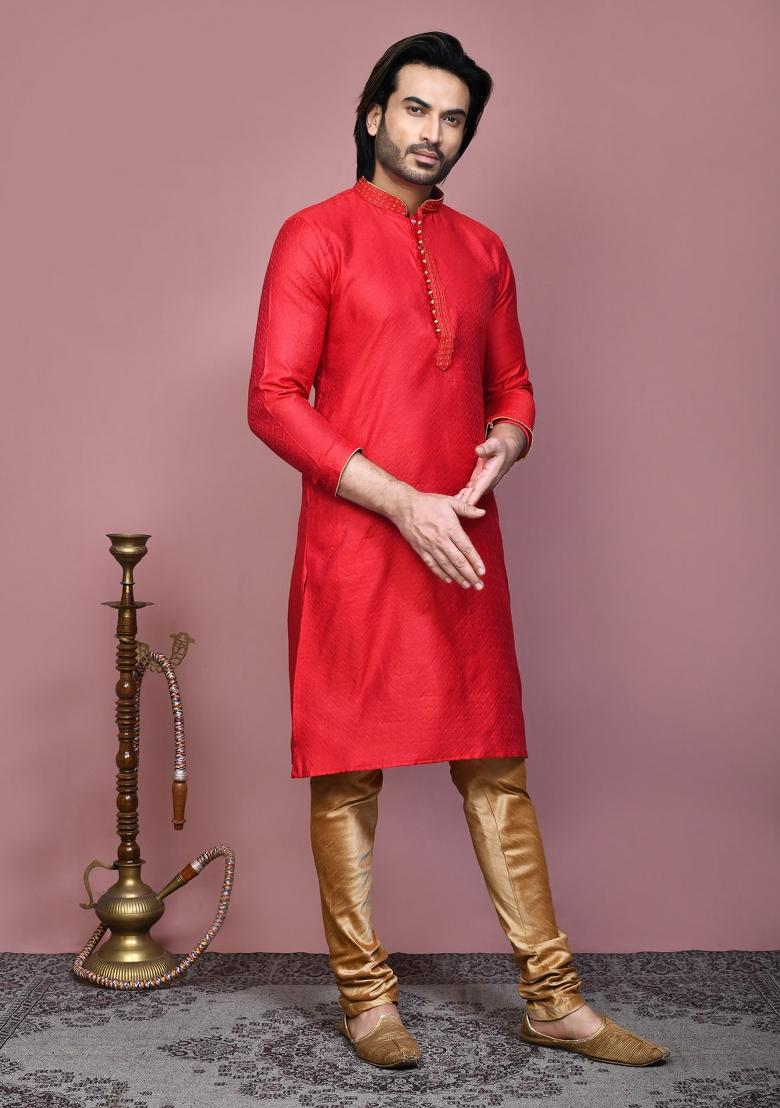 Red Woven Cotton Blend Kurta Set For Men