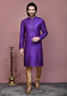 Purple Woven Cotton Blend Kurta Set For Men