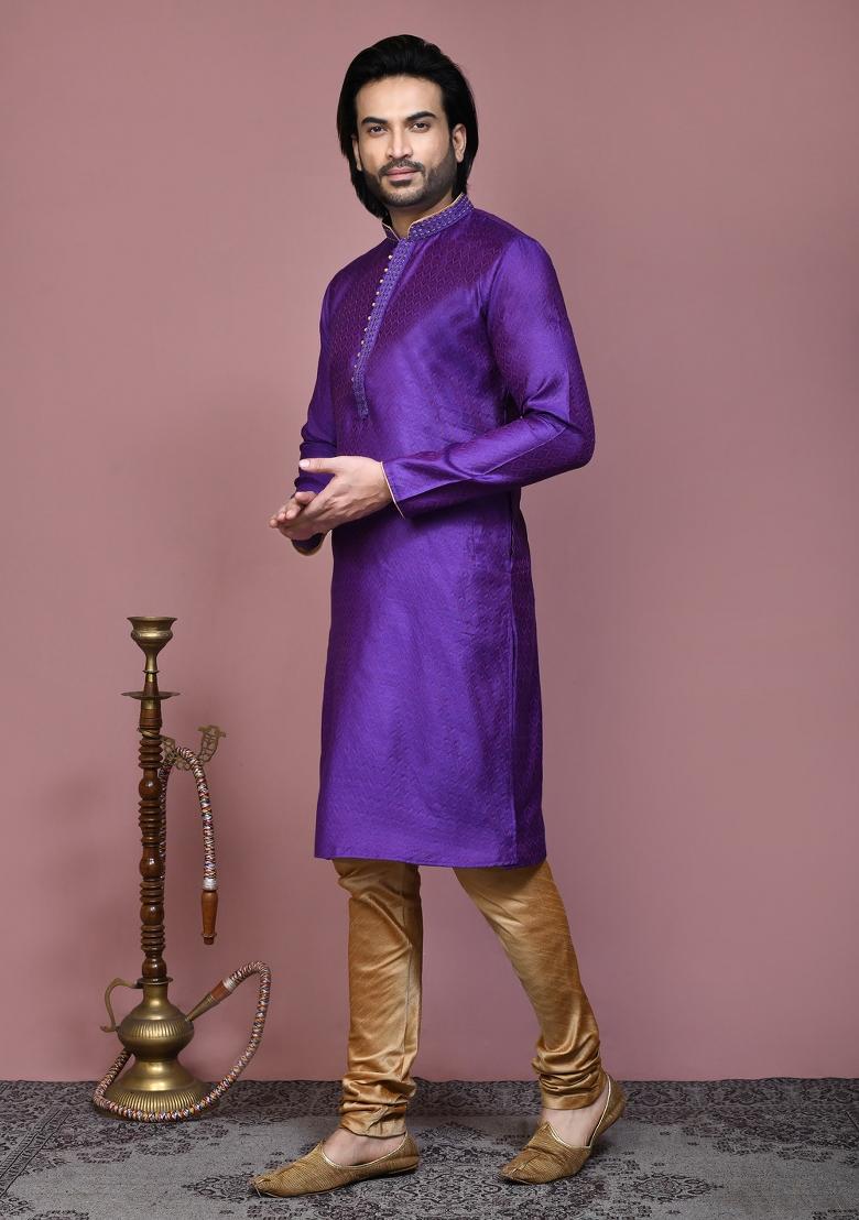 Purple Woven Cotton Blend Kurta Set For Men