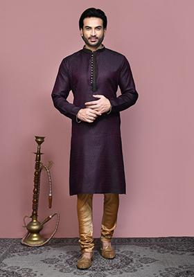 Wine Woven Cotton Blend Kurta Set For Men