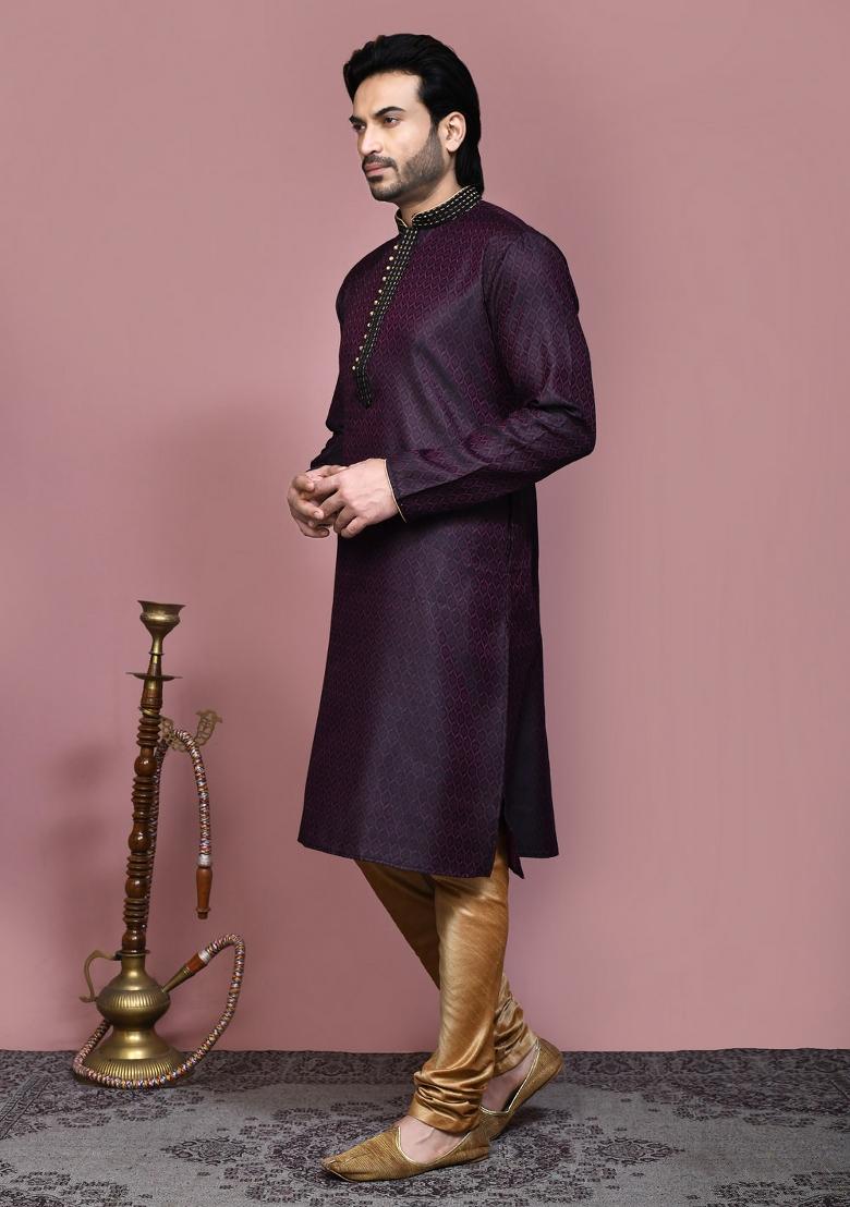 Wine Woven Cotton Blend Kurta Set For Men