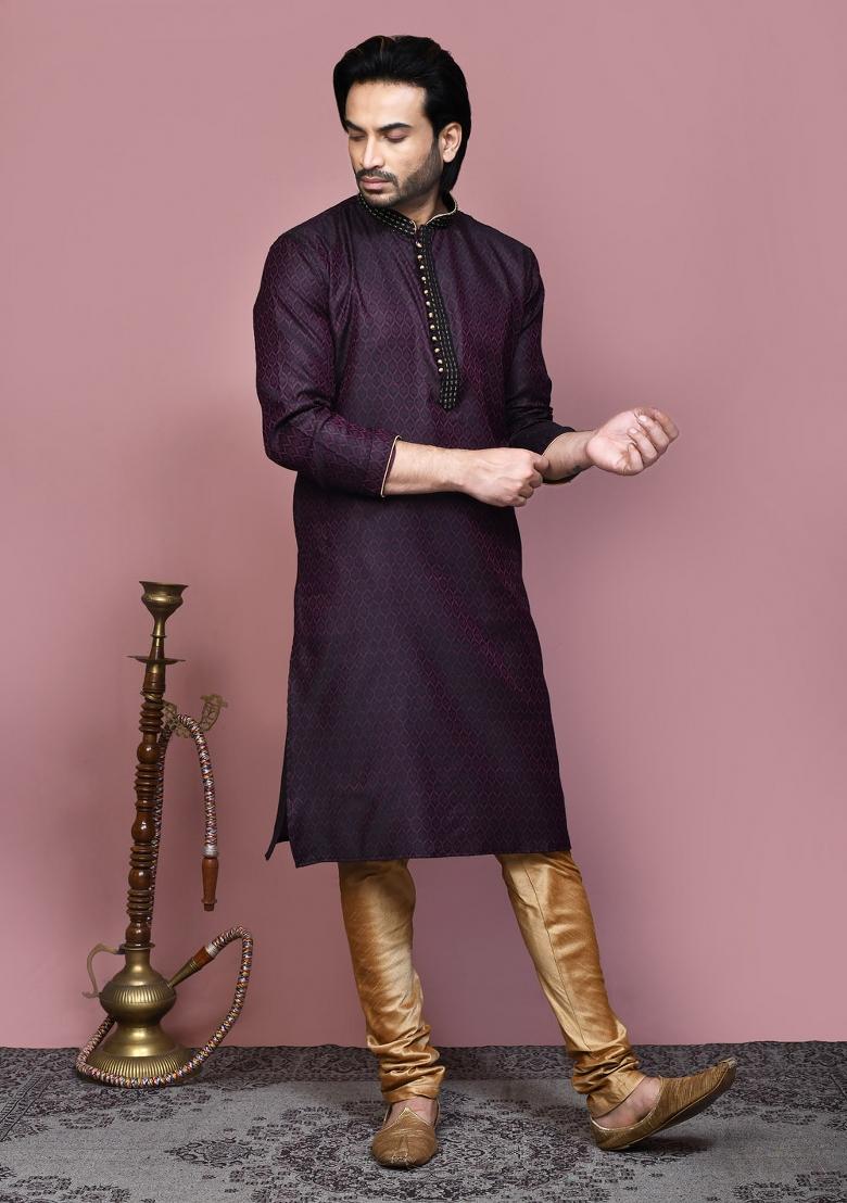 Wine Woven Cotton Blend Kurta Set For Men