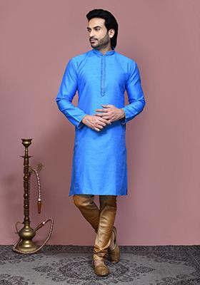 Firozi Woven Silk Kurta Set For Men
