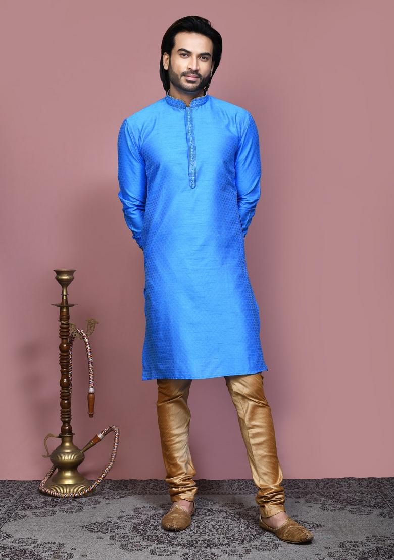 Firozi Woven Silk Kurta Set For Men