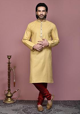Beige Embroidered Cotton Kurta Set For Men