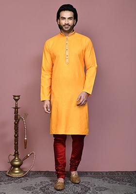 Yellow Embroidered Cotton Kurta Set For Men