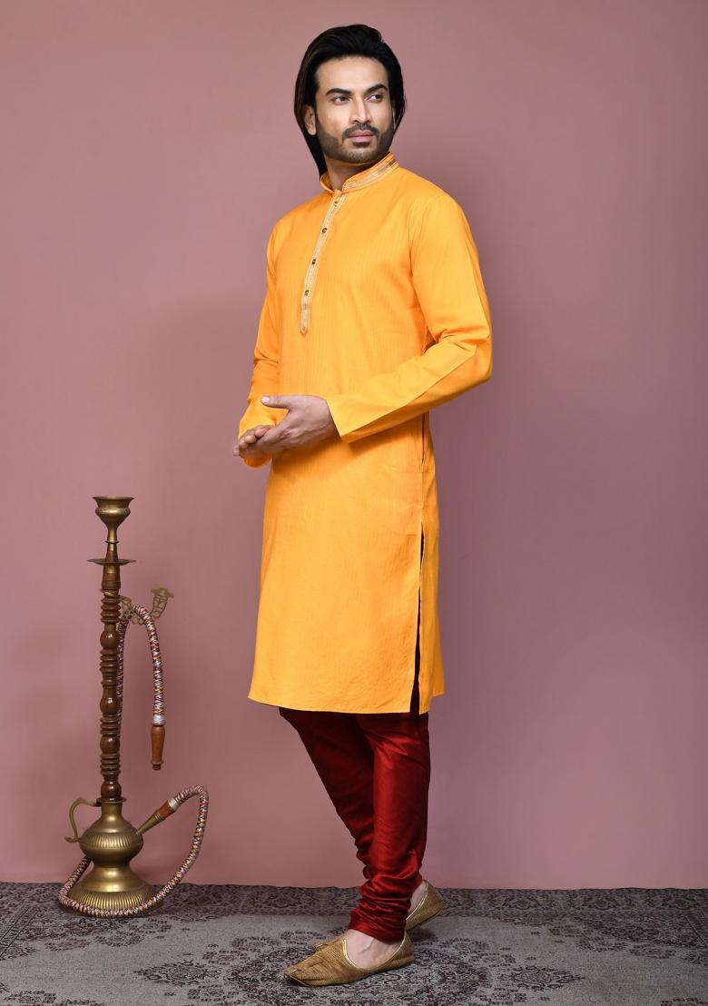 Yellow Embroidered Cotton Kurta Set For Men