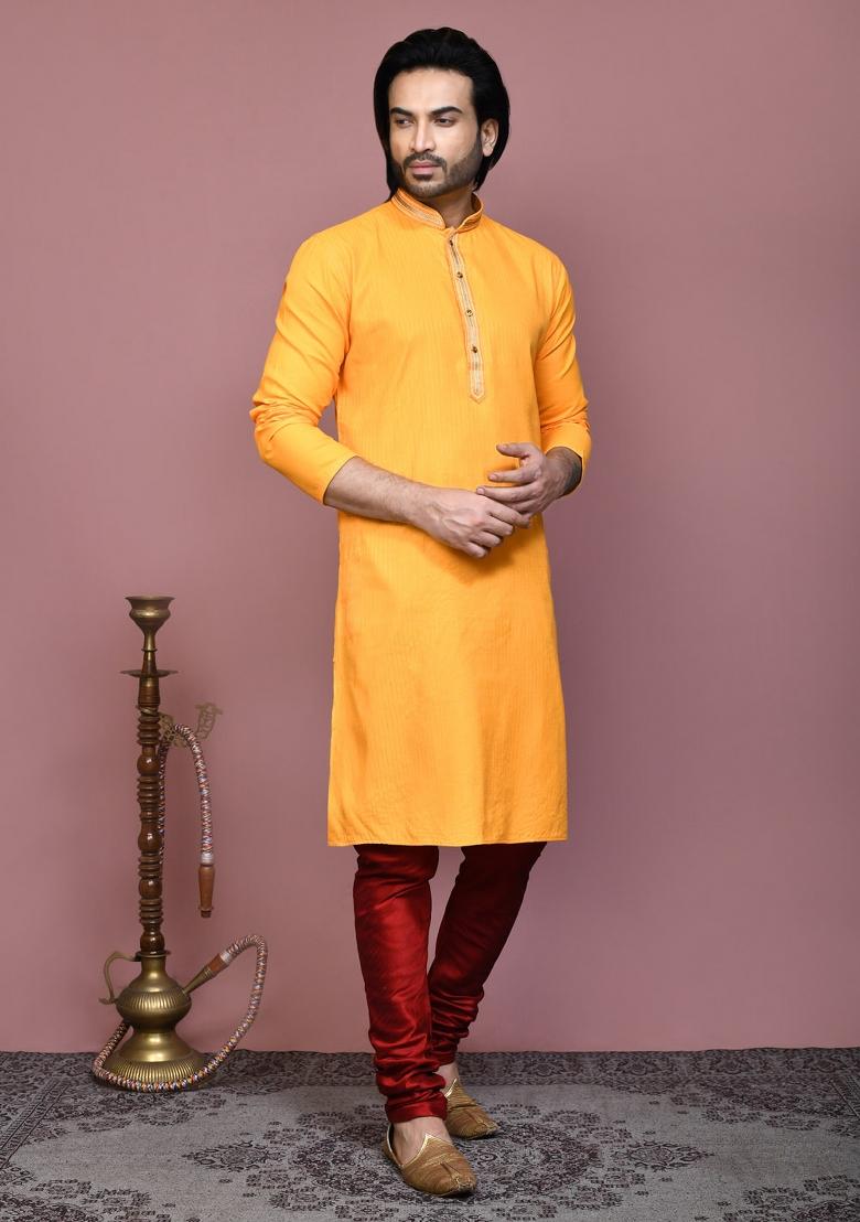 Yellow Embroidered Cotton Kurta Set For Men