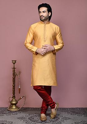 Gold Woven Silk Kurta Set For Men