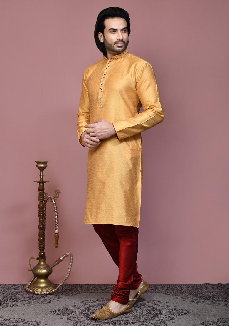 Gold Woven Silk Kurta Set For Men
