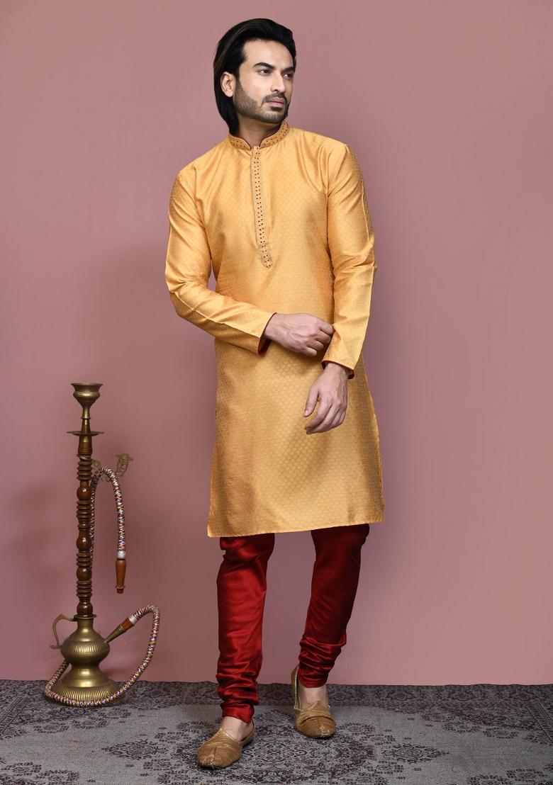 Gold Woven Silk Kurta Set For Men