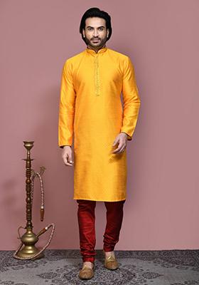 Yellow Woven Silk Kurta Set For Men