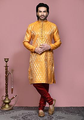 Yellow Woven Silk Kurta Set For Men