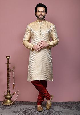 Gold Woven Silk Kurta Set For Men