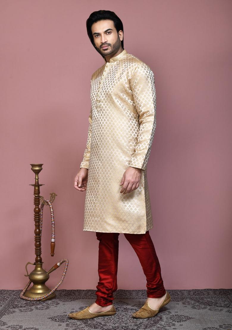 Gold Woven Silk Kurta Set For Men