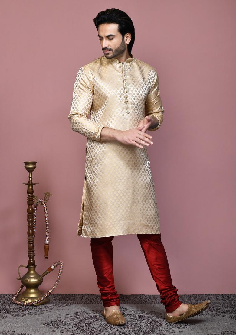 Gold Woven Silk Kurta Set For Men