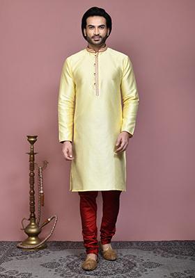 Blue Woven Silk Kurta Set For Men