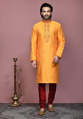 Orange Woven Silk Kurta Set For Men