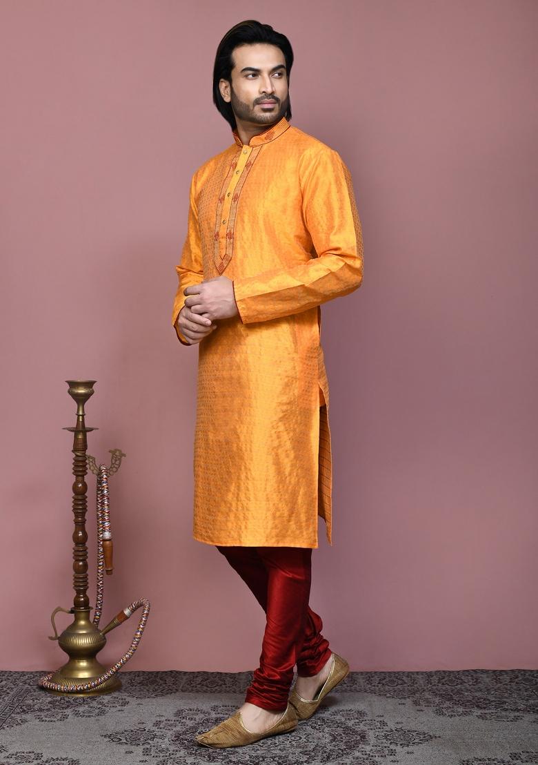 Orange Woven Silk Kurta Set For Men
