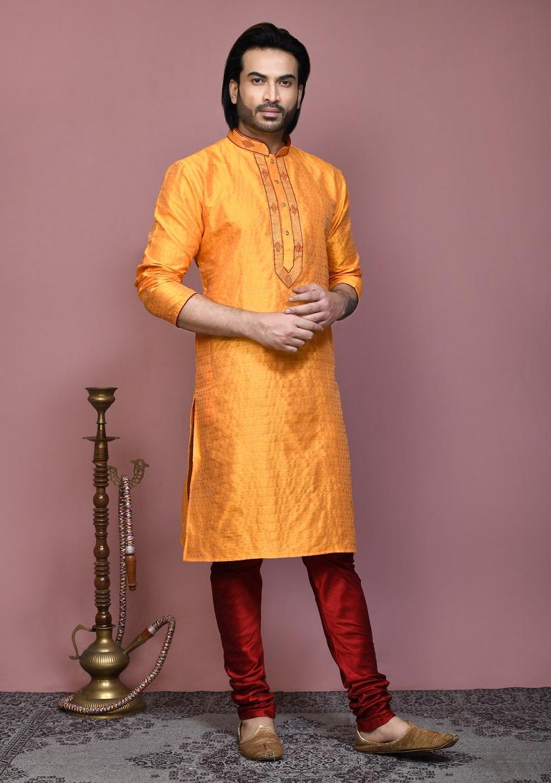 Orange Woven Silk Kurta Set For Men
