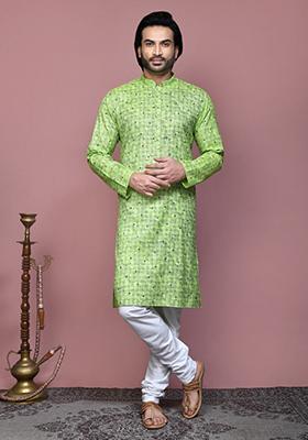 Pista Green Printed Cotton Kurta Set For Men