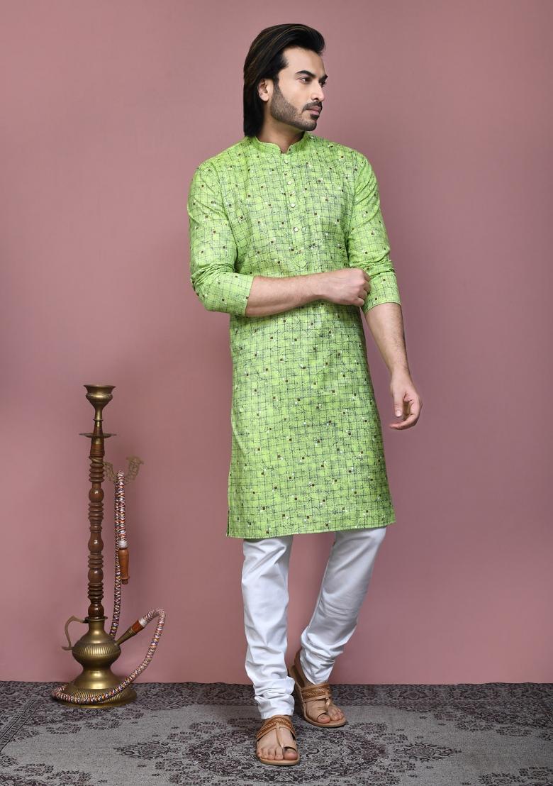 Pista Green Printed Cotton Kurta Set For Men