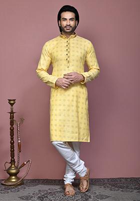 Yellow Printed Cotton Kurta Set For Men