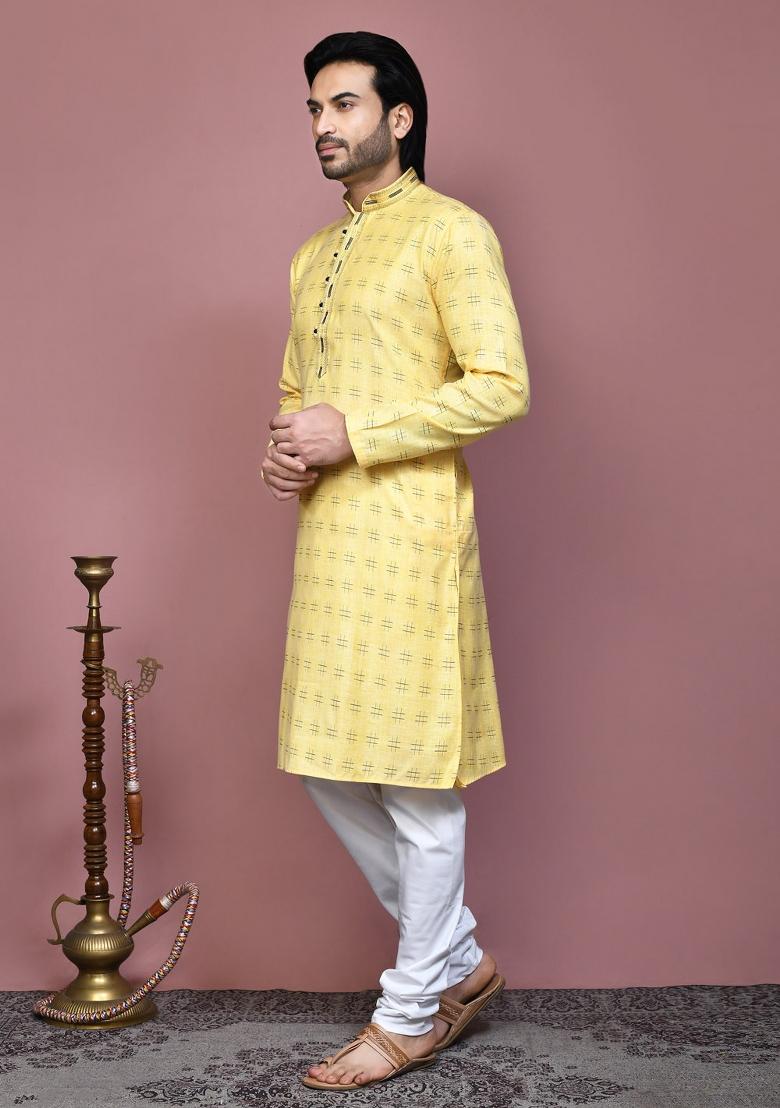 Yellow Printed Cotton Kurta Set For Men