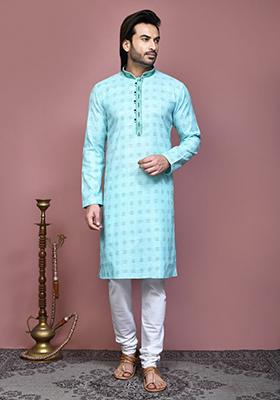Sky Blue Printed Cotton Kurta Set For Men