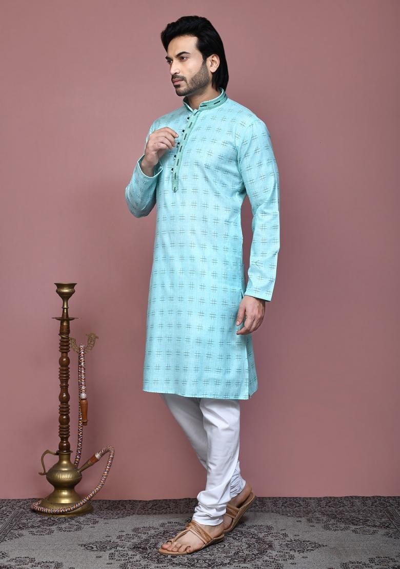 Sky Blue Printed Cotton Kurta Set For Men