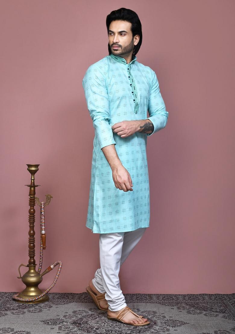 Sky Blue Printed Cotton Kurta Set For Men