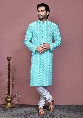 Green Embroidered Cotton Kurta Set For Men